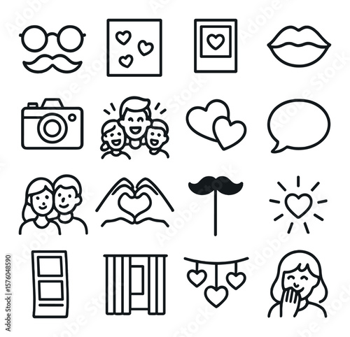 Photo Booth Fun line art icons. silly glasses, heart backdrop, instant print, kiss lips icon, prop camera, group laugh, heart stickers, speech bubble, couple pose, hand heart,