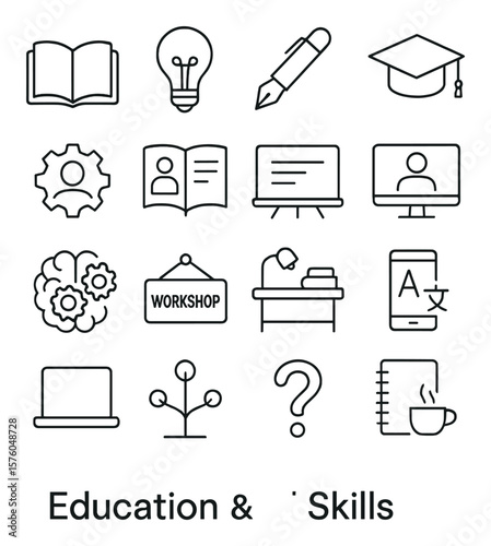Education & Skills line art icons. open book, lightbulb, writing pen, graduation cap, skills icon, training manual, class chalkboard, online course, gears and brain, workshop sign,