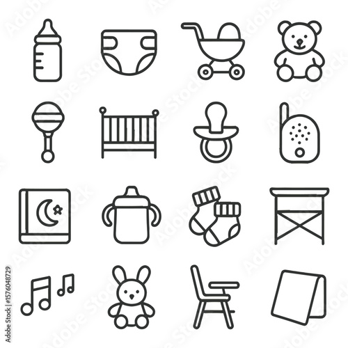 Child Care line art icons. baby bottle, diaper icon, stroller, teddy bear, rattle, crib, pacifier, baby monitor, bedtime book, sippy cup, tiny socks, changing table, lullaby note,