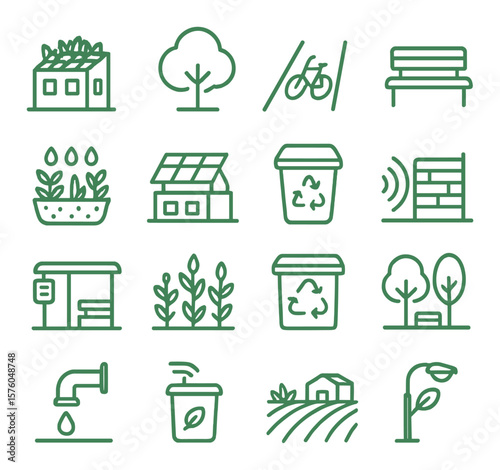 Urban Ecology line art icons. green roof, city tree, bike lane, eco bench, rain garden, rooftop solar, community compost, noise reduction wall, green bus stop, native plants,