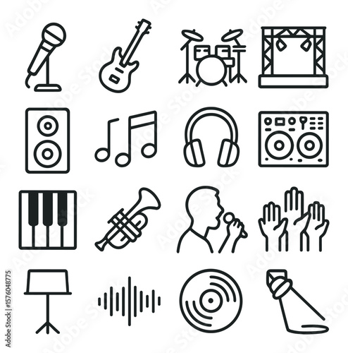 Live Music line art icons. microphone, electric guitar, drum set, concert stage, speaker icon, music notes, headphones, DJ mixer, piano keys, trumpet icon, singer silhouette, crowd