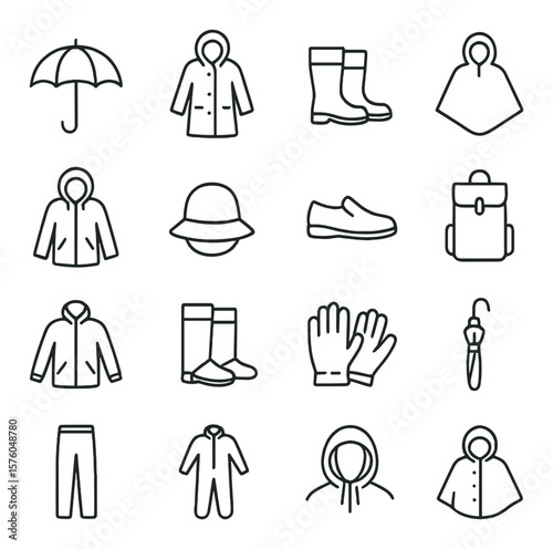 Rain Protection Gear line art icons. umbrella, raincoat, waterproof boots, poncho, hooded jacket, rain hat, closed shoes, waterproof bag, windbreaker, gaiters, rain gloves, folding