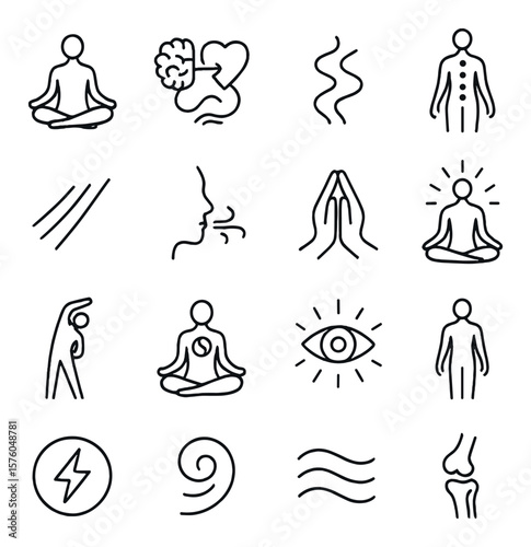 Mind-Body Connection line art icons. yoga pose, brain-heart loop, flowing energy, chakras, movement lines, calm breath, meditation hands, inner light, stretch icon, inner balance,