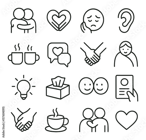 Emotional Support line art icons. hug icon, heart hands, empathy face, listening ear, shared cup, care chat, support arms, comfort blanket, soft light, tissue box, smile exchange,
