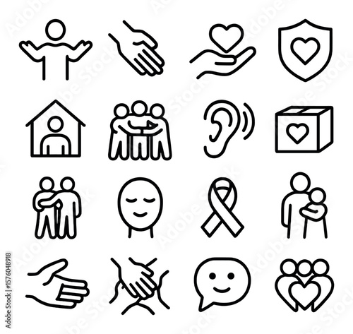Support for Victims line art icons. open arms, helping hand, heart in palm, protective shield, safe house, comfort circle, listening ear, care box, shared burden, calm face, rescue