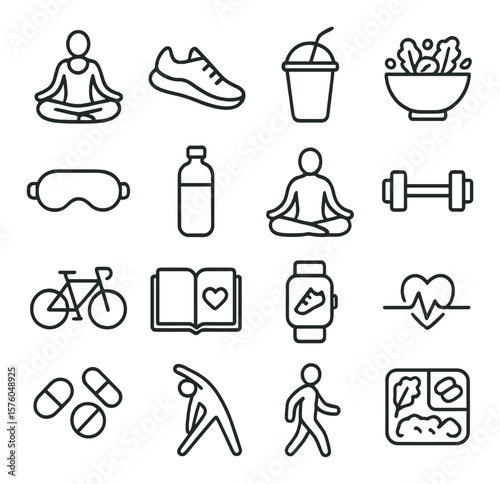 Healthy Habits line art icons. yoga pose, running shoe, smoothie cup, salad bowl, sleep mask, water bottle, meditation icon, dumbbell, cycling bike, wellness journal, step tracker,