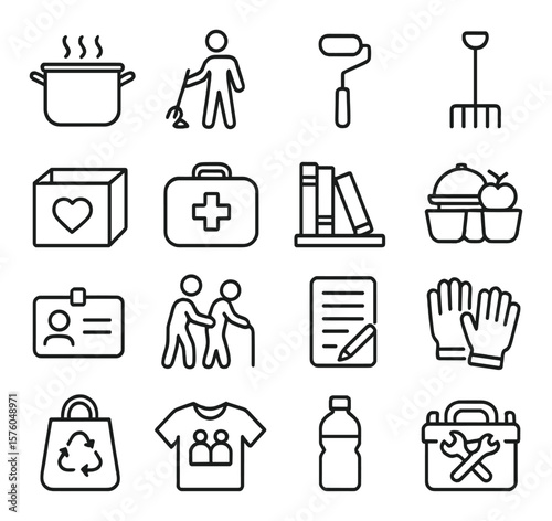 Volunteer Activities line art icons. soup kitchen pot, litter picker, paint roller, rake, donation drive box, first aid kit, book shelf, meal tray, name tag, helping elder icon,