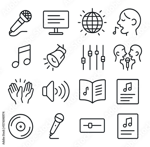 Karaoke Night line art icons. karaoke mic, lyrics screen, disco ball, singing face, music note, stage spotlight, sound mixer, duet icon, applause hands, echo icon, songbook, queue