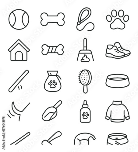 Dog Parent Life line art icons. tennis ball, dog bone, leash, paw print, doghouse, chew toy, poop scoop, walking shoes, fetch stick, treat pouch, dog brush, water bowl, tail wag