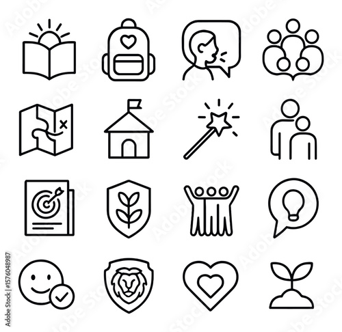 Empowerment for Youth line art icons. open book with sun, backpack with heart, youth voice bubble, peer circle, guidance map, safe school, creativity spark, supportive adult icon,
