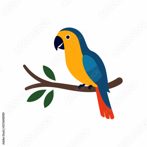 Colorful parrot sitting on a branch illustration with green leaves on a white background