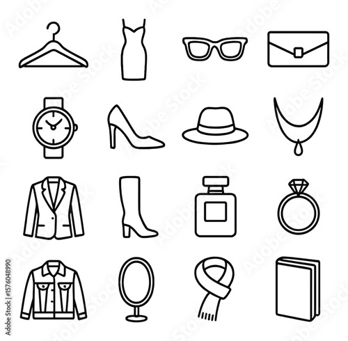 Fashion & icons. line art icons. hanger icon, dress silhouette, sunglasses, clutch bag, watch face, shoe icon, hat icon, layered necklace, blazer, boots, perfume bottle, ring icon,