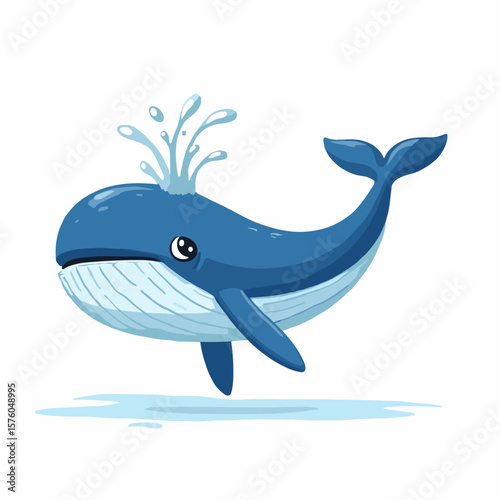 Cute blue whale splashing water illustration on a white background
