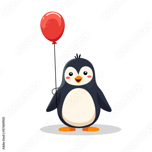 Cute penguin holding a red balloon illustration on a white background