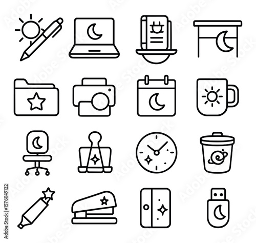 Celestial Office line art icons. sun pen, moon laptop, solar notepad, crescent desk, starlight folder, eclipse printer, night calendar, daylight mug, moonlight chair, dawn clip,