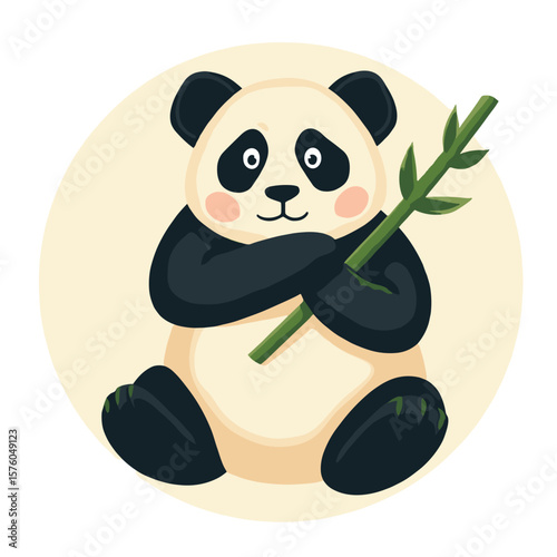 Cute panda holding bamboo illustration on a beige background
