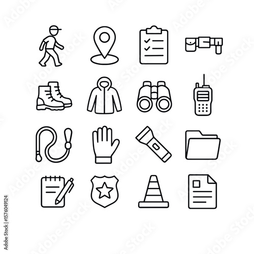 Field Operations line art icons. street patrol icon, map marker, field log clipboard, gear belt, walking boots, weather jacket, observation binoculars, two-way radio, dog handling