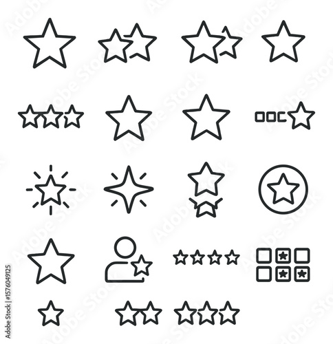 Star-Based Systems line art icons. single star, 2 stars, 3 stars, 4 stars, 5 stars, half star, star outline, rating scale, star burst icon, glowing star, stacked stars, selected