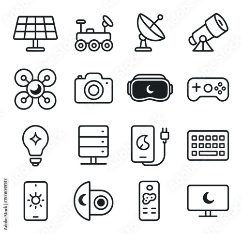 Space Technology line art icons. solar panel, moon rover, satellite dish, space telescope, eclipse drone, day camera, night VR headset, twilight console, starlight bulb, cosmic