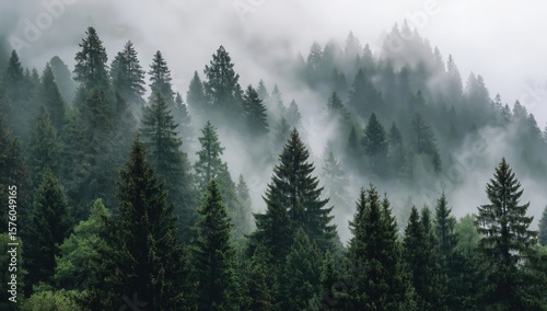 Ethereal foggy coniferous forest landscape with misty pines and luminous negative space in minimalist style. Ideal for wellness app backgrounds and eco-branding visuals.
