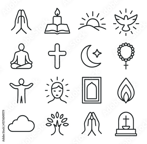 Spiritual Strength line art icons. prayer hands, candle and book, sunrise hill, dove in light, meditation icon, peaceful cross, star and moon, rosary beads, open arms, calm aura,