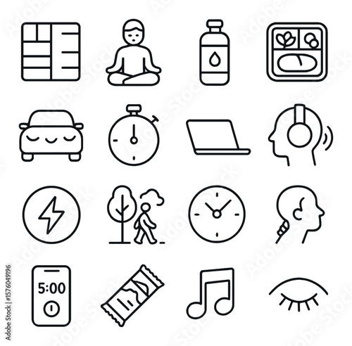 Self-Care for Busy Days line art icons. time block chart, quick meditation icon, water reminder, meal prep container, calm commute symbol, time-out clock, closed laptop,