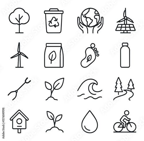 Environmental Nonprofits line art icons. tree icon, recycling bin, globe hands, solar panel, wind turbine, compost bag, eco footprint, reusable bottle, trash grabber, green leaf,