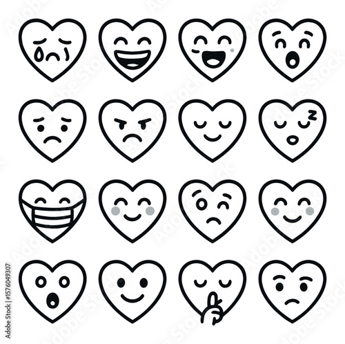 Emotional Hearts line art icons. crying heart, laughing heart, shy heart, excited heart, worried heart, angry heart, peaceful heart, sleepy heart, heart with mask, heart blushing,