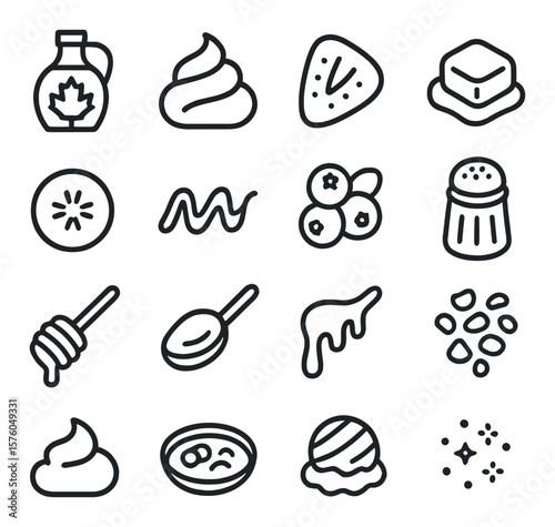 Waffle Toppings line art icons. maple syrup bottle, whipped cream swirl, strawberry slice, butter pat, banana slice, chocolate drizzle, blueberry cluster, powdered sugar shaker,