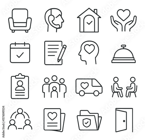 Victim Services line art icons. counseling chair, support hotline, safe space icon, emotional aid, appointment calendar, therapy notes, mental health symbol, service bell, intake