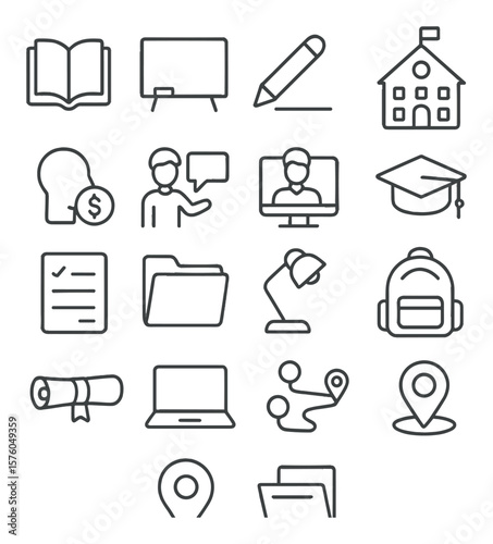 Education Access line art icons. open book, chalkboard, pencil, schoolhouse, scholarship icon, tutor symbol, online course, graduation cap, test paper, learning folder, study light