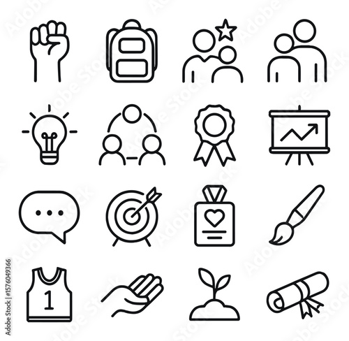 Youth Empowerment line art icons. raised fist, school bag, leadership star, mentor icon, lightbulb idea, team circle, award ribbon, workshop board, voice bubble, goal chart,