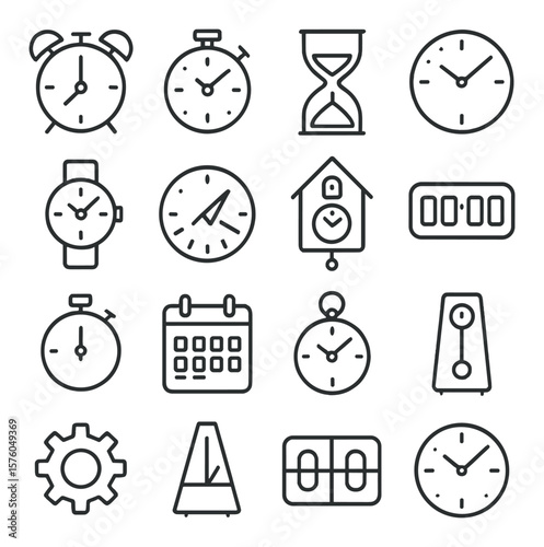 Time & Clockwork line art icons. alarm clock, stopwatch, hourglass, wall clock, wristwatch, sundial, cuckoo clock, digital clock, timer, calendar, pocket watch, pendulum, gear,
