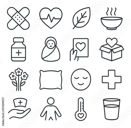 Get Well Wishes line art icons. smiling bandage, heart monitor, healing leaf, warm soup bowl, medicine bottle, blanket wrap, support card, care package, flower bouquet, rest pillow