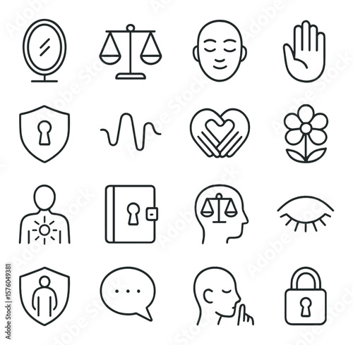Body Autonomy line art icons. mirror icon, choice scale, calm face, open hand, privacy shield, breath wave, hands over heart, self-love flower, inner light, locked diary, balanced