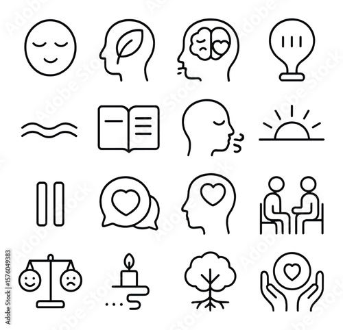 Mental Wellbeing line art icons. peaceful face, leaf and head, brain and heart, stress relief icon, calm wave, journal entry, breathing guide, sunrise, pause icon, support chat,