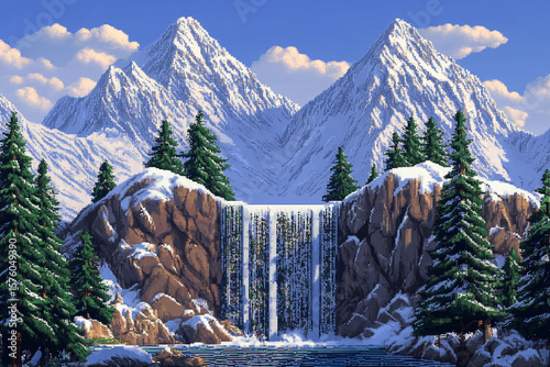 Frozen waterfall in the mountains during winter season, 3D rendering with realistic ice and snowy landscape