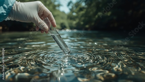 A gloved hand carefully gathers a water sample from the river to analyze its quality, highlighting environmental monitoring, scientific research, and the importance of clean, safe natural resources