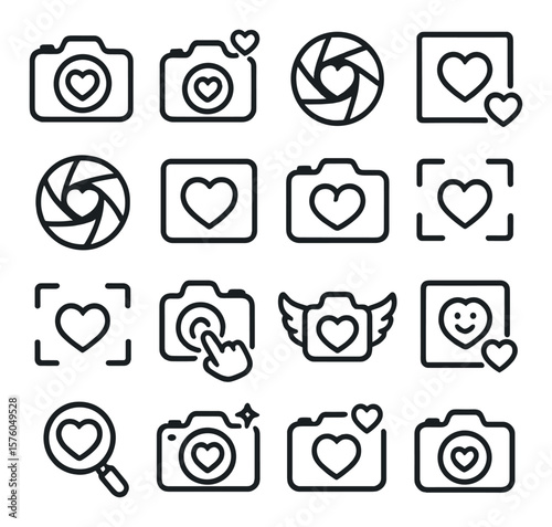 Camera & Heart Symbols line art icons. heart inside lens, camera with heart flash, shutter heart, photo icon with heart, aperture love icon, frame with heart edge, twin hearts lens