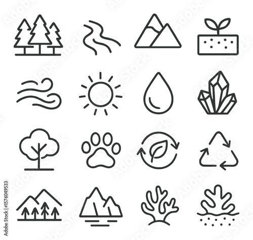 Natural Resources line art icons. forest, river, mountain, soil icon, fresh air, sun icon, clean water drop, mineral rock, biodiversity tree, wildlife paw, renewable icon, natural