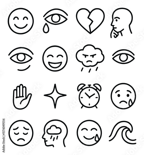 Emotions in Poetry line art icons. joy face, crying eye, broken heart, thoughtful head, shy glance, laughing mouth, angry cloud, dreamy eye, peaceful hand, hopeful star, nostalgic