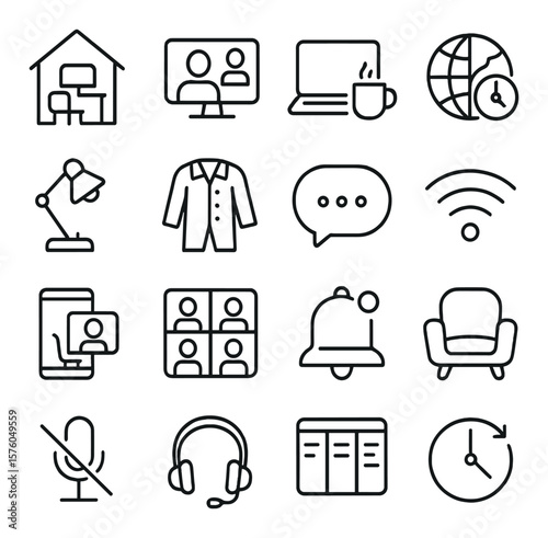 Remote Employees line art icons. home workspace, video call screen, laptop with coffee, time zone globe, home desk lamp, pajamas icon, chat bubble, wifi icon, mobile workspace,