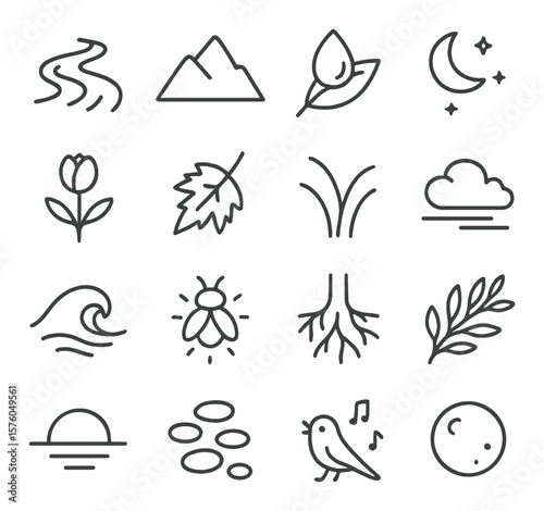 Nature in Poetry line art icons. river bend, mountain peak, morning dew, twilight sky, flower bud, falling leaf, whispering grass, drifting cloud, ocean wave, firefly glow, tree
