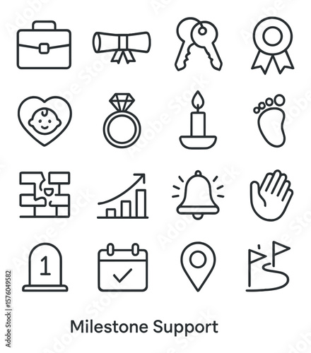 Milestone Support line art icons. new job briefcase, diploma icon, keys to home, goal ribbon, baby heart, engagement ring, birthday flame, first step, breakthrough wall, progress