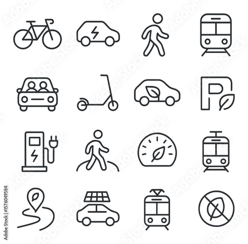 Eco-friendly Transportation line art icons. bicycle, electric car, walking icon, train icon, carpool vehicle, e-scooter, hybrid car, public bus, electric charging station,