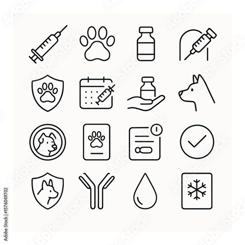 Canine Vaccination line art icons. syringe, vaccine vial, paw print, injection site, immunity shield, vaccine schedule, vet hand, dog profile, sticker badge, health passport,