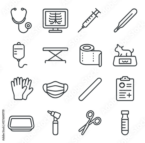 Veterinary Equipment line art icons. stethoscope, x-ray screen, syringe, thermometer, IV bag, operating table, bandage roll, pet scale, exam gloves, face mask, tongue depressor,