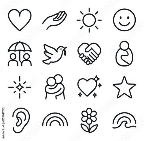 Kindness Symbols line art icons. open heart, helping hand, warm sun, smiling face, shared umbrella, peace dove, holding hands, comfort blanket, light beam, gentle hug, heart