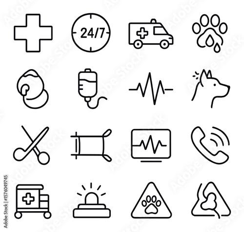Emergency Veterinary Symbols line art icons. emergency cross, 24/7 clinic, ambulance, bleeding paw, trauma icon, oxygen mask, IV drip, rapid heartbeat, seizure icon, urgent call,