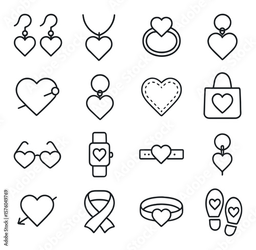 Heart Accessories line art icons. heart earrings, heart pendant, heart ring, heart charm, heart brooch, heart keychain, heart patch, heart tote, heart sunglasses, heart watch,